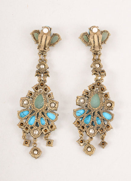 Blue and Green Rhinestone and Stone Embellished Earrings