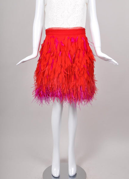 Red and Pink Feather Trim Mini Skirt