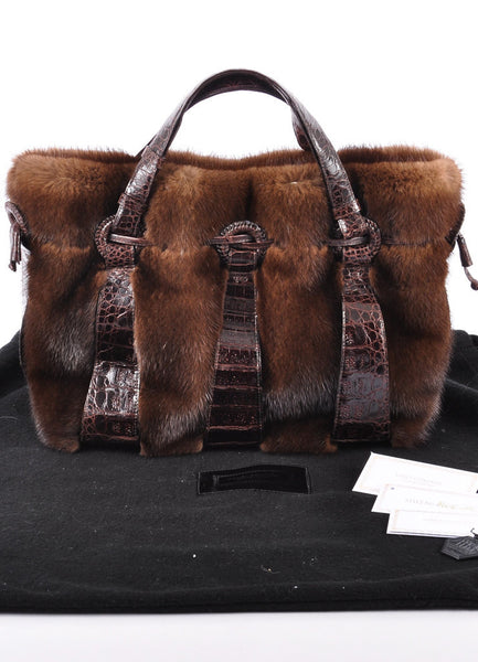 Brown Crocodile and Mink Fur Drawstring Shoulder Bag