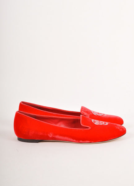 New In Box Red Velvet Skull Embroidered Loafer Flats