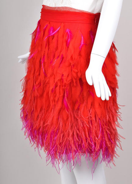 Red and Pink Feather Trim Mini Skirt