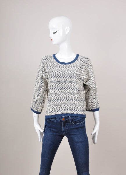 Blue and Cream Textured Cotton and Linen Knit Sweater