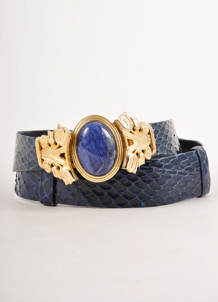 Blue Snakeskin Belt With Gold Toned and Stone Closure