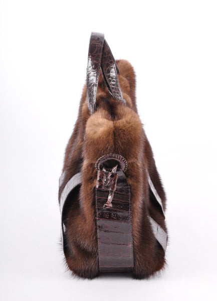 Brown Crocodile and Mink Fur Drawstring Shoulder Bag