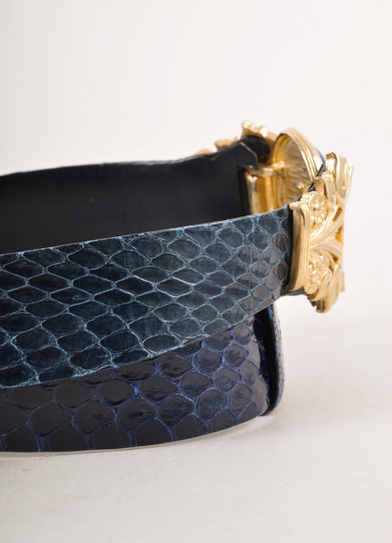 Blue Snakeskin Belt With Gold Toned and Stone Closure