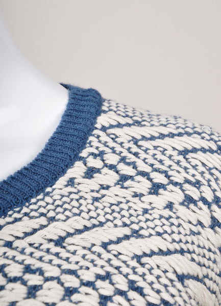 Blue and Cream Textured Cotton and Linen Knit Sweater