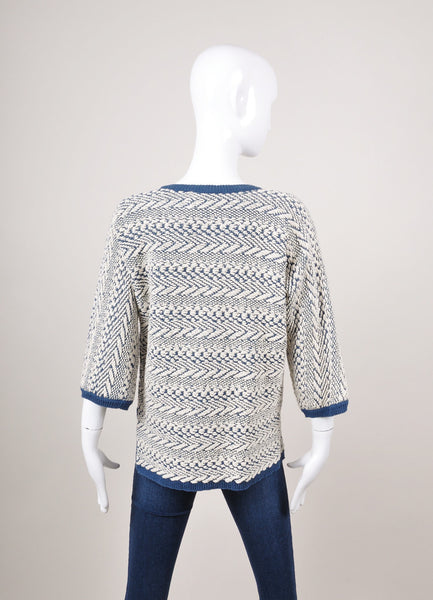 Blue and Cream Textured Cotton and Linen Knit Sweater