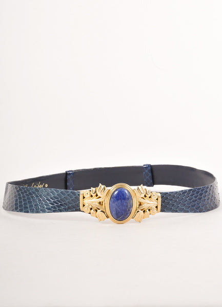 Blue Snakeskin Belt With Gold Toned and Stone Closure