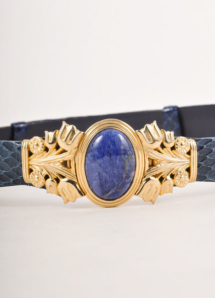 Blue Snakeskin Belt With Gold Toned and Stone Closure