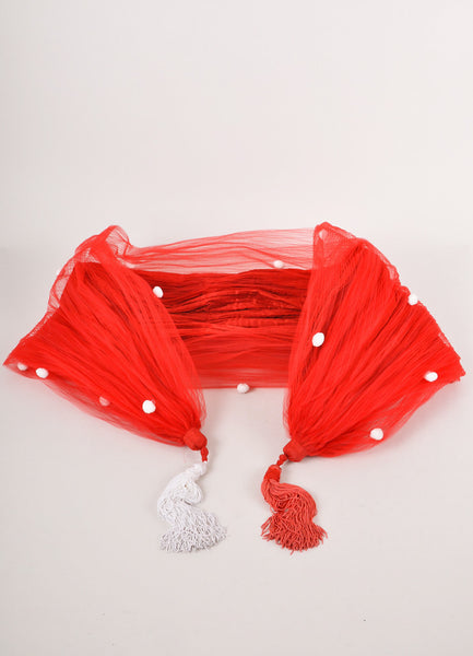 Red and White Pom Pom Crinkle Scarf