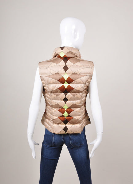 Brown and Tan Printed Zippered Down Puffer Vest