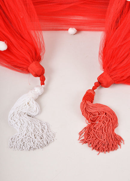 Red and White Pom Pom Crinkle Scarf