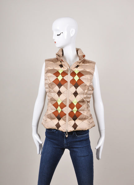 Brown and Tan Printed Zippered Down Puffer Vest