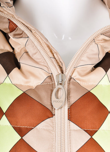 Brown and Tan Printed Zippered Down Puffer Vest