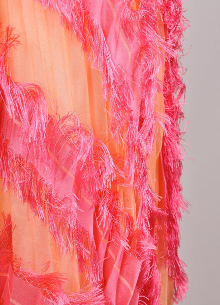 Peach and Pink Fringed Trim Pleated Maxi Skirt