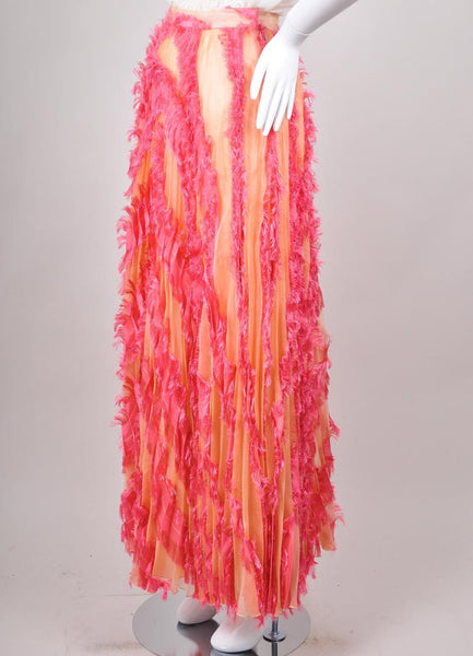 Peach and Pink Fringed Trim Pleated Maxi Skirt