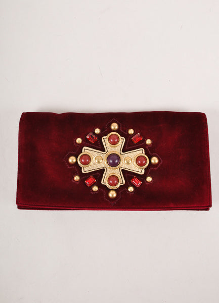 Maroon and Gold Embellished Velvet Clutch With Shoulder Strap