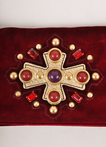 Maroon and Gold Embellished Velvet Clutch With Shoulder Strap