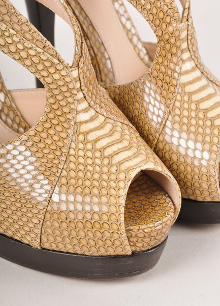 Brown and Gold Snakeskin Cut Out Peep Toe Platform Pumps