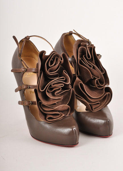 Brown Leather Ruffle Pumps