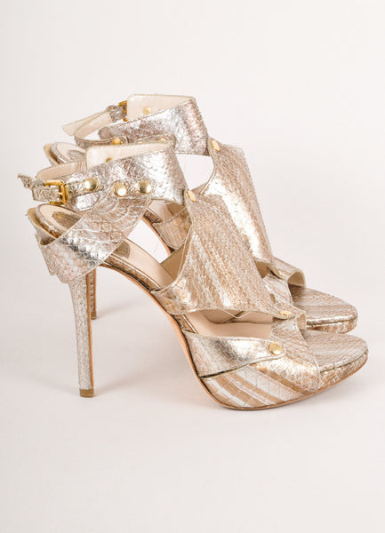 Silver Metallic Snakeskin Cut Out Heels With Gold Toned Hardware