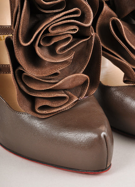 Brown Leather Ruffle Pumps
