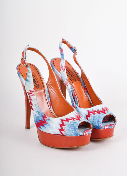 New Red and Blue Zig Zag Knit Peep Toe Slingback Heels