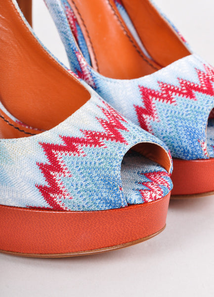 New Red and Blue Zig Zag Knit Peep Toe Slingback Heels