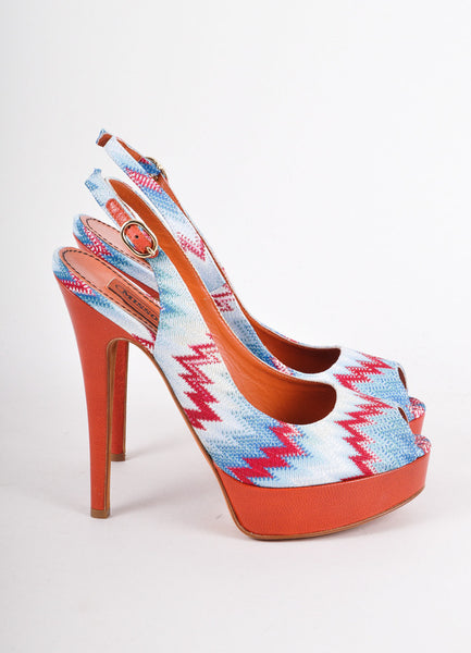 New Red and Blue Zig Zag Knit Peep Toe Slingback Heels