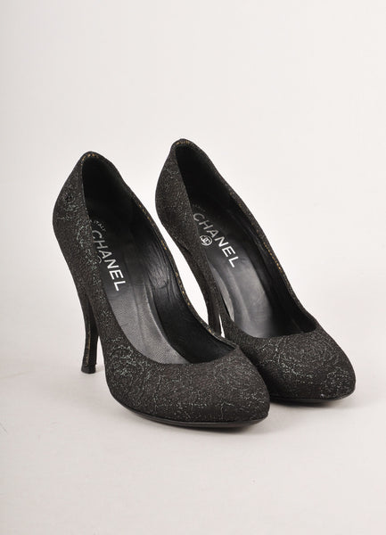 Black and Silver Metallic Lace "CC" Pumps