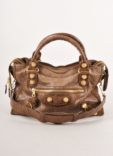 Brown and Gold "Arena Classic City" Studded Leather Tote Bag