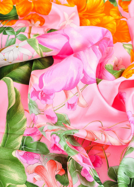 Pink, Orange, and Green Floral Print Silk Scarf