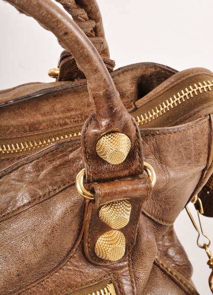 Brown and Gold "Arena Classic City" Studded Leather Tote Bag