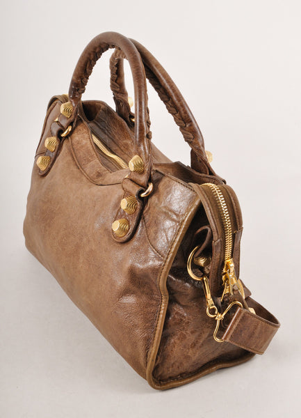 Brown and Gold "Arena Classic City" Studded Leather Tote Bag