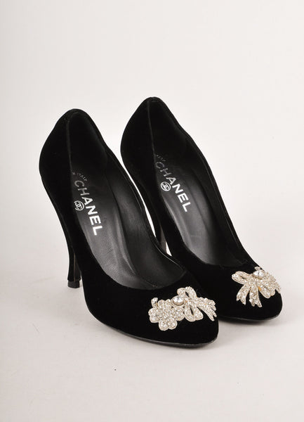 Black and Silver Rhinestone Embellished Velvet Pumps