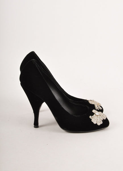 Black and Silver Rhinestone Embellished Velvet Pumps