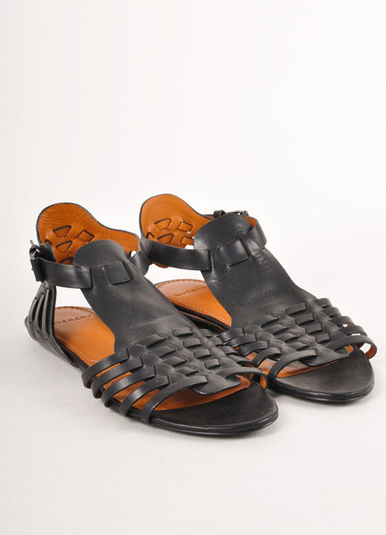 New Black Strappy Woven Leather Gladiator Sandals