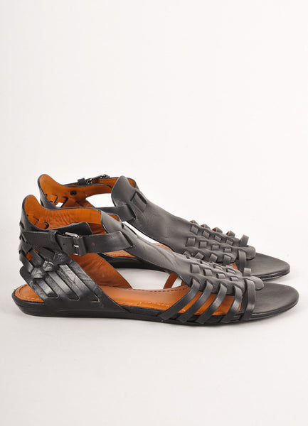 New Black Strappy Woven Leather Gladiator Sandals