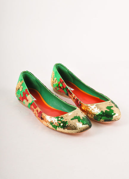 Green, Red, and Gold Sequin Round Toe Flats