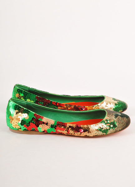 Green, Red, and Gold Sequin Round Toe Flats