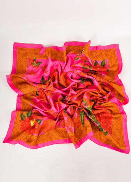 Magenta and Red Bird and Floral Print Silk Square Scarf