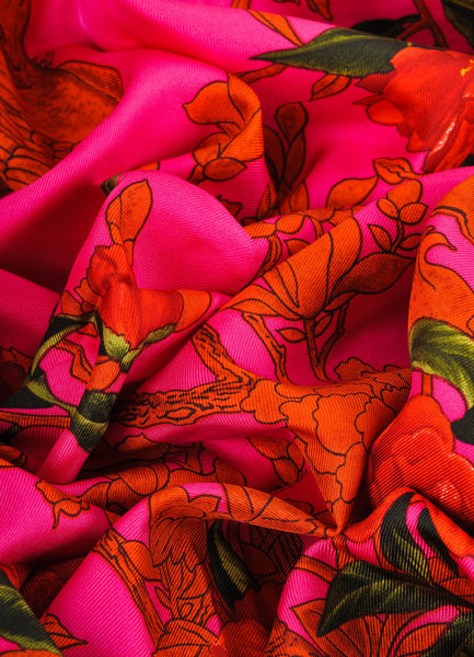 Magenta and Red Bird and Floral Print Silk Square Scarf