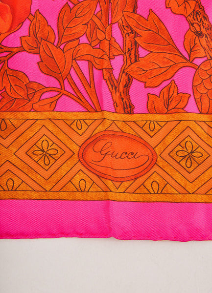 Magenta and Red Bird and Floral Print Silk Square Scarf