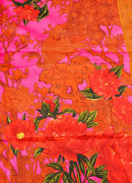 Magenta and Red Bird and Floral Print Silk Square Scarf