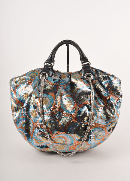 Silver, Teal, and Orange Sequin Hobo Bag With Chain Straps