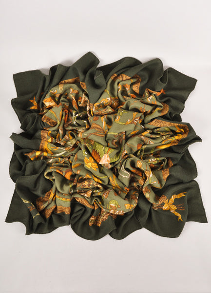 Green and Brown Silk and Cashmere "Pierres d'Orient et d'Occident" Scarf