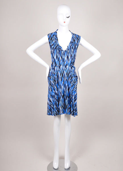 New Multicolor Blue Pattern Sleeveless Pleated Dress