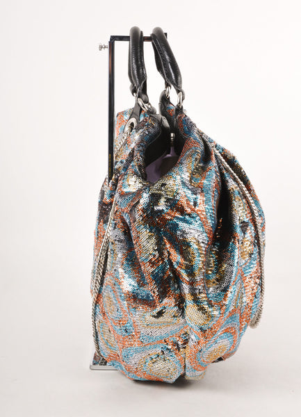 Silver, Teal, and Orange Sequin Hobo Bag With Chain Straps