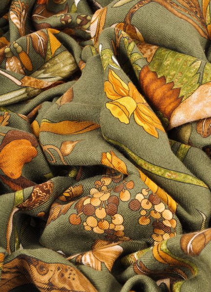 Green and Brown Silk and Cashmere "Pierres d'Orient et d'Occident" Scarf