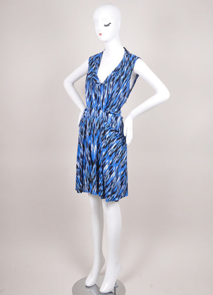 New Multicolor Blue Pattern Sleeveless Pleated Dress